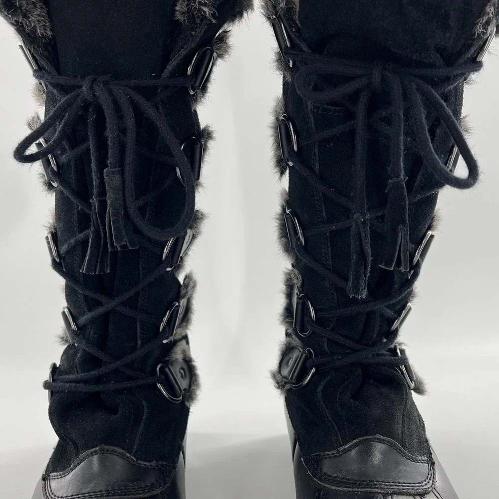 Vintage Nine West Knee High Womens 10 M Black Tall Mucker Duck Leather Suede Fur